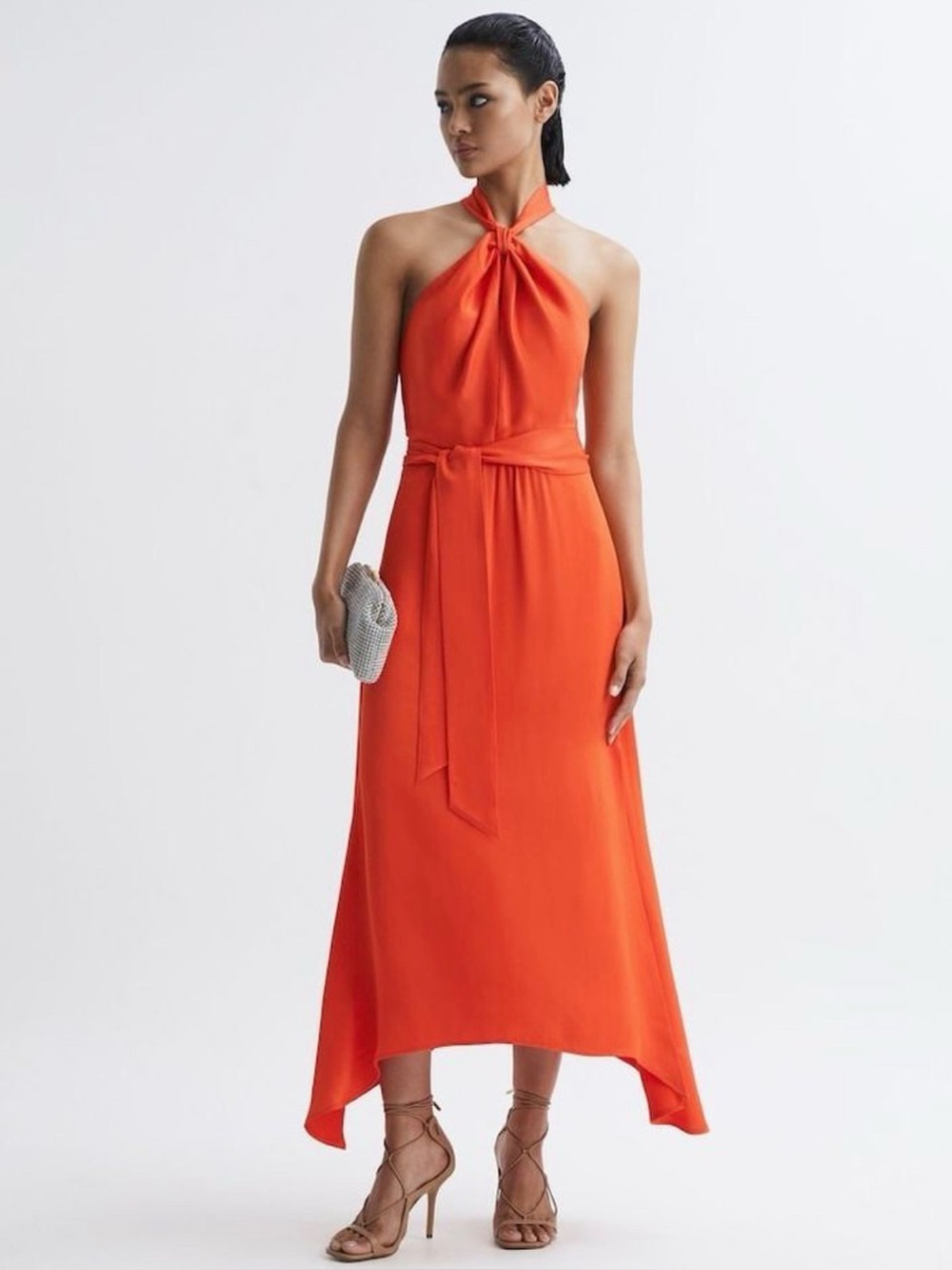Reiss Evelyn Fitted Halter Neck Midi Dress – Orange – Size 10